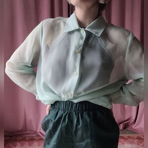 Vintage Mint Chiffon Button Down Blouse